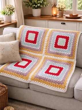 Vintage Handmade Multicolor Pastel Crochet Granny Square Throw Lap Blanket